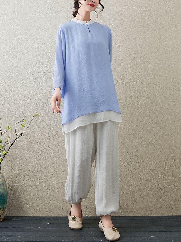 Picture of 2023 Summer New Cotton and Linen Zen Tea Suit Nine-point Sleeve Top Stretch Waist Trousers Yoga Suit Two-piece Suit for Women