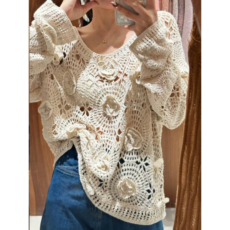 Lazy Style Hollow Sweater Women's 2024 Autumn New Cotton Three-dimensional Flower Loose Sweater
