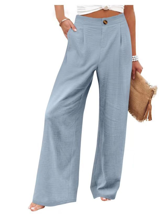 Picture of 2025 Cross-Border Amazon European and American Summer Plaid High Waist Trousers Button Elastic Waist Wide Leg Pants Women's Casual Straight-Leg Pants