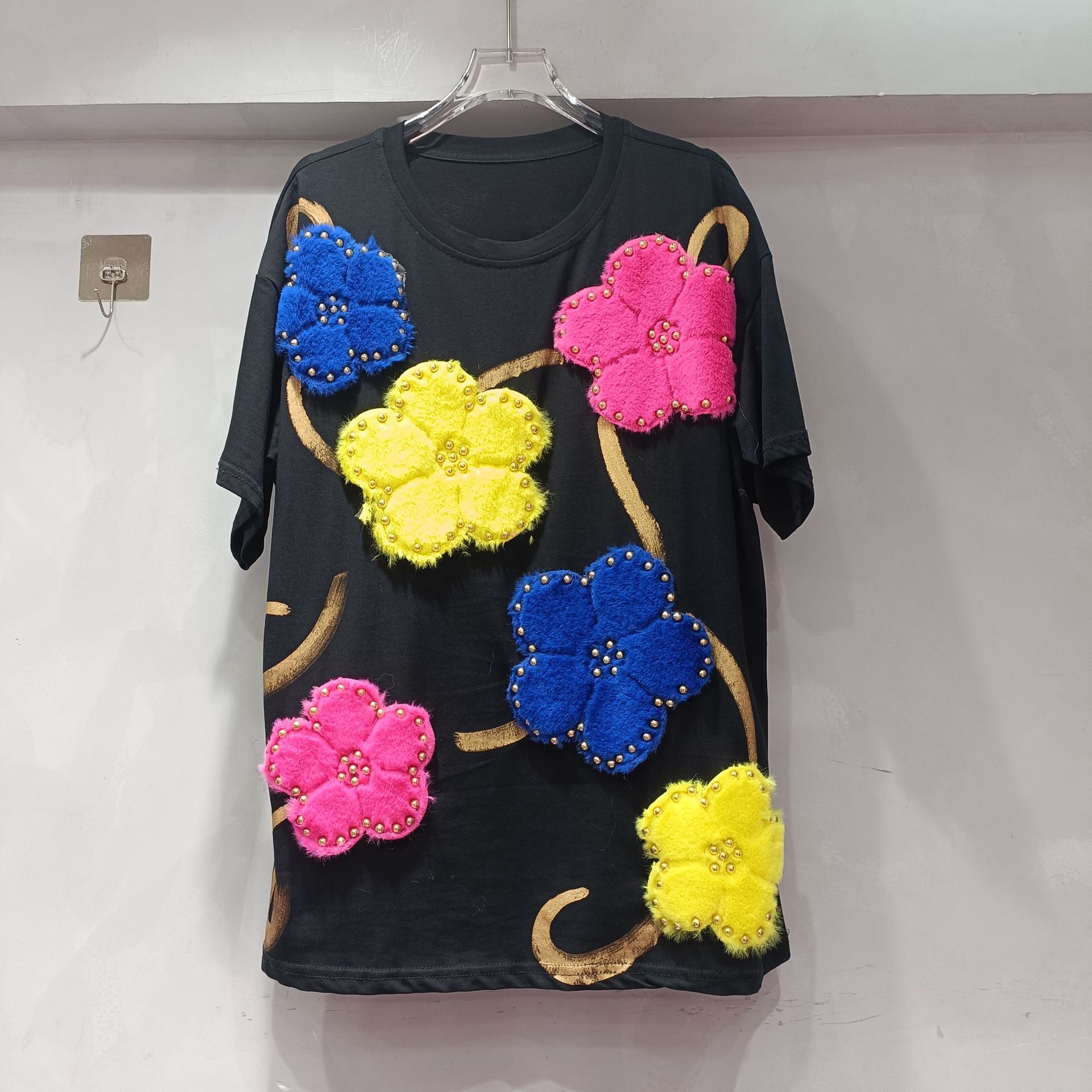 Amazon Hot Selling 2025 Summer New European Station Heavy Industry Three-Dimensional Large Flower Fashion Short-Sleeved T-Shirt Top