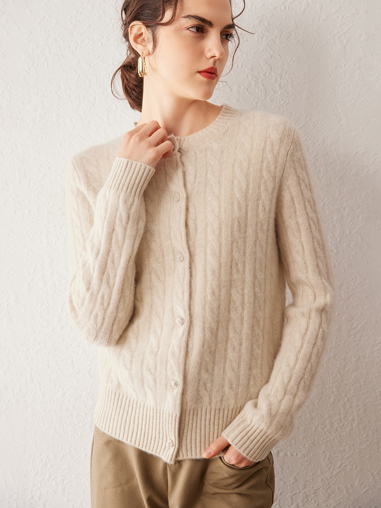 Cashmere Sweater Women's Knitted Cardigan Loose Round Neck Single-breasted Twisted Flower Outer Wear Autumn and Winter Twisted Flower Sweater Jacket