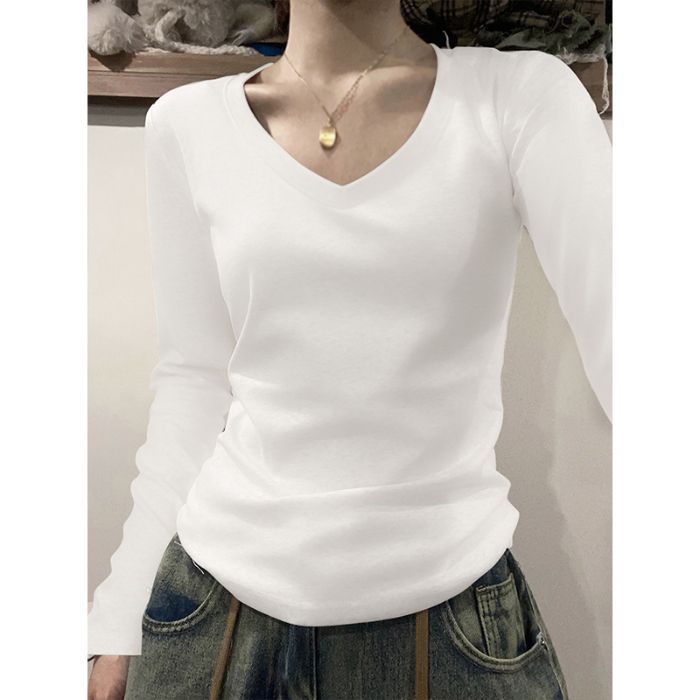 Picture of American Style Shoulder Long-Sleeved T-Shirt Women's Autumn and Winter Women's New U-Neck Slim-Fit Sanding Base Shirt Top for Women