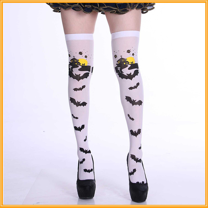 Picture of Cross Cross Cross Stockings Printing Halloween Socks Spider Web Over-the-Knee Socks Black White Lolita Stockings