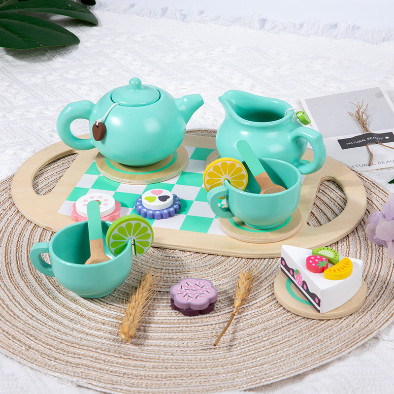 Picture of Children's kitchen play house tea set suit wooden toy afternoon tea girl simulation toy 3 years old teapot tea cup