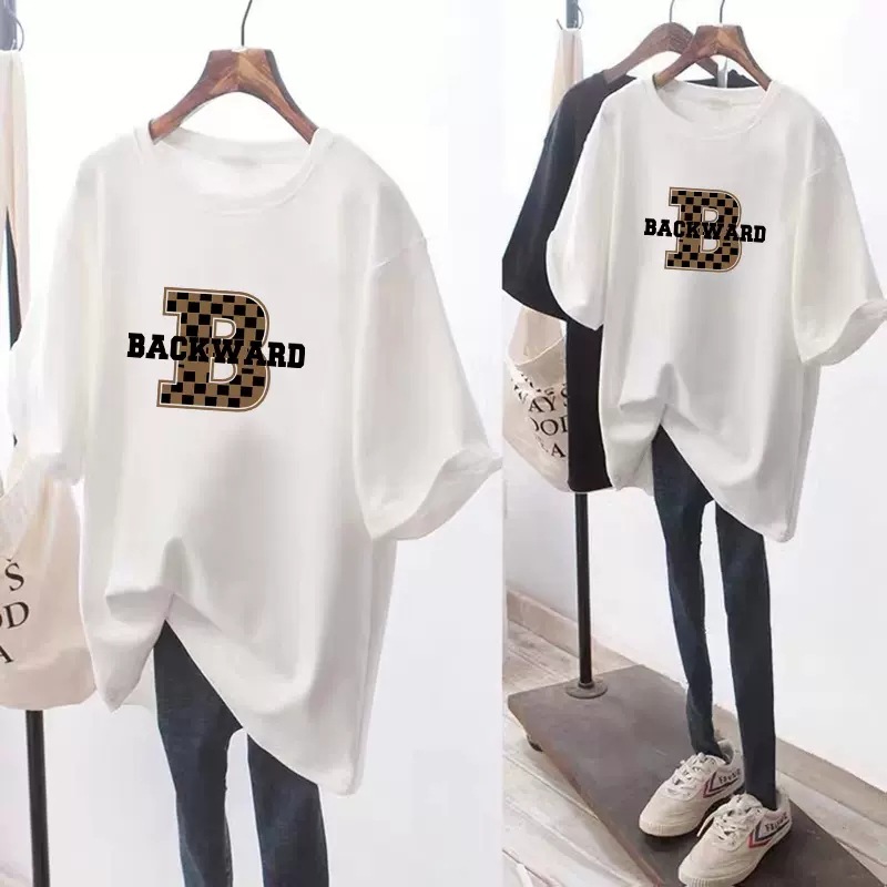 Mid-length White T-shirt Women's Short-sleeved Butt-covering plus size Loose Letter Printed Top All-match Half-sleeved Instagram Style Trendy Summer Top