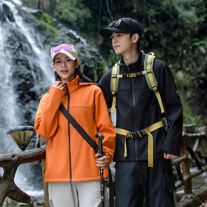 Picture of Fleece-Lined Softshell Jacket for Men, Custom Outdoor Hooded Couple's Jacket, Thickened Windproof Jacket, Warm Coat for Women with Printing