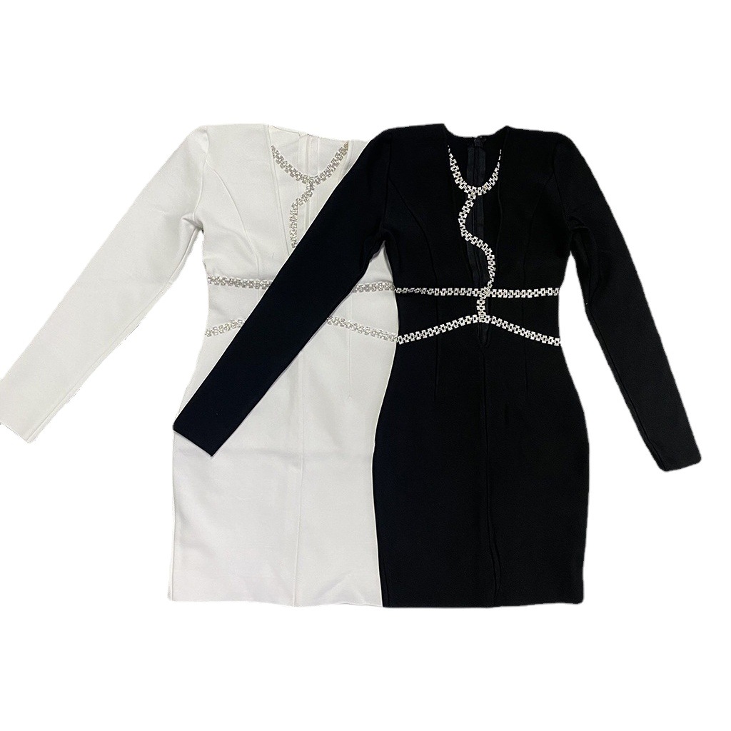 Fall 2022 European and American cross-border new women's sexy long-sleeved deep V diamond chain party dress bandage dress