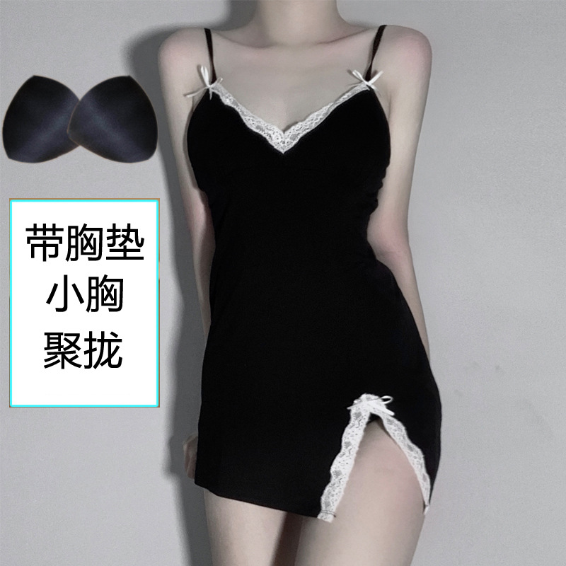 Meishilan 2020 with Chest Pad Cotton Sling Nightgown Sexy Lace Slim Fit Women's Pajamas Summer #114