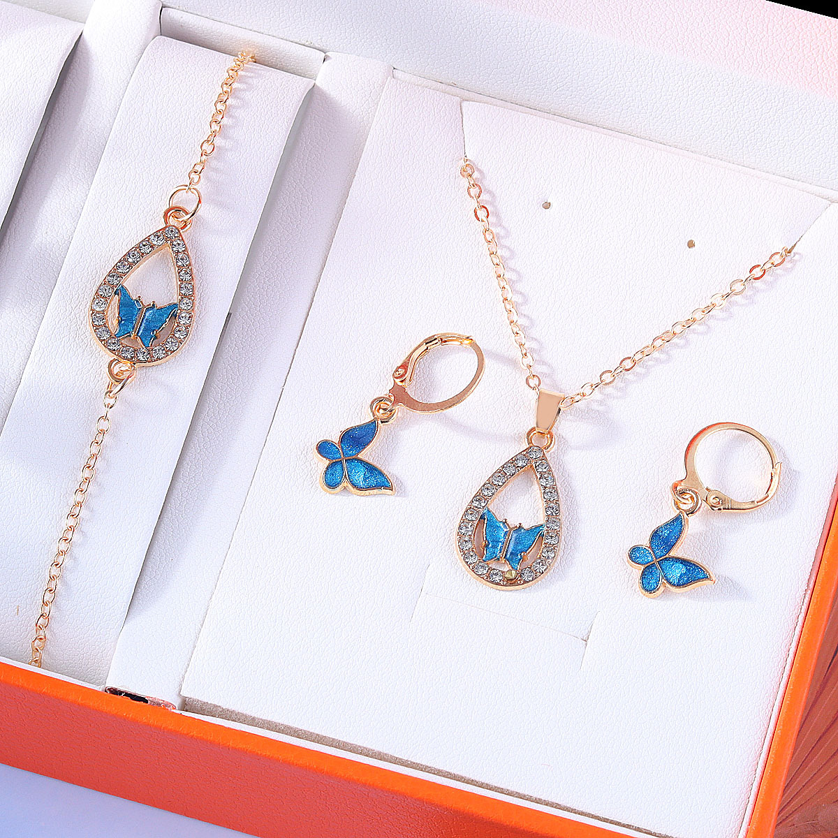 New Summer Classic Fashion Butterfly Necklace Bracelet Earrings Personalized All-match Multi-color Oil Dropping Diamond Jewelry