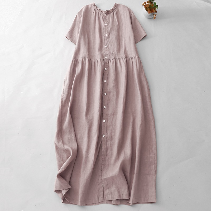 2025 Japanese Linen Lotus Root Starch Art dress Summer New Loose Lazy Style Mid-length Skirt Women's Fashion