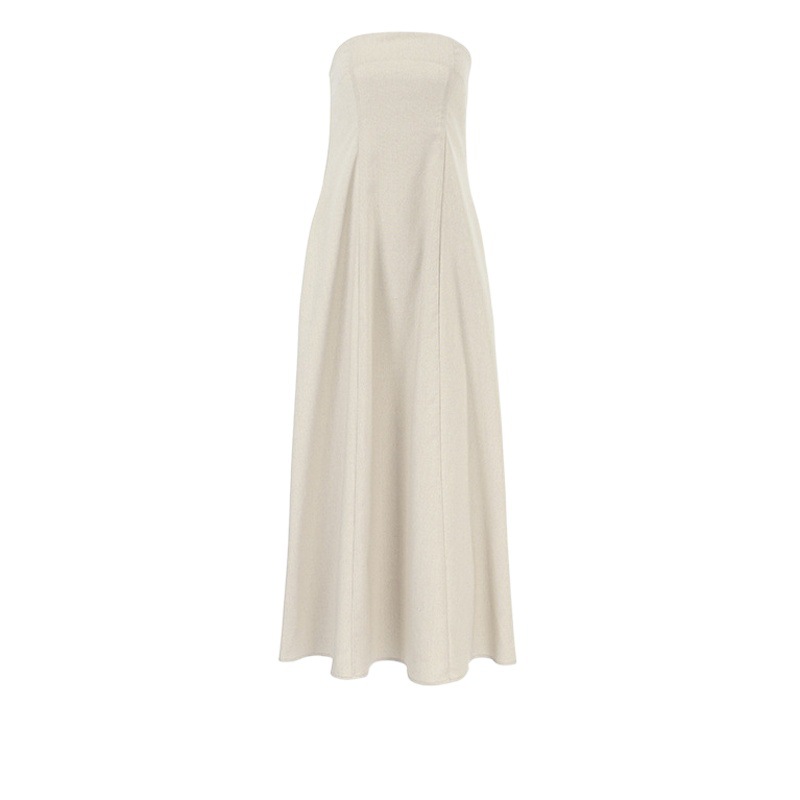 2025 Autumn European and American Sexy Khaki Cotton and Linen Tube Top Dress Women's Vacation Casual Ramie A-Line Skirt Women's Clothing