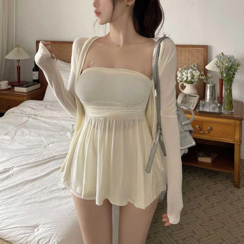 Picture of South Korea's Dongdaemun New Style Thin Slightly See-Through Long-Sleeved Sun Protection Cardigan Jacket + Slim Mo Chest Two-Piece Set for Women