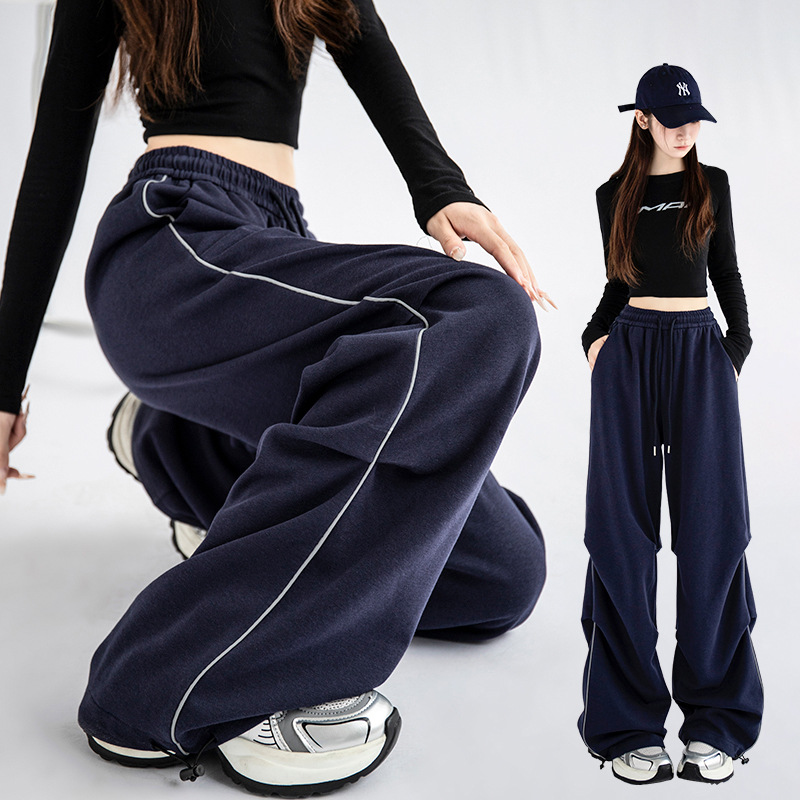 American-Style Women's Sweatpants for Autumn and Winter, New High-Waisted Loose Petite Paratrooper Pants, Casual Wide-Leg Cargo Straight Pants