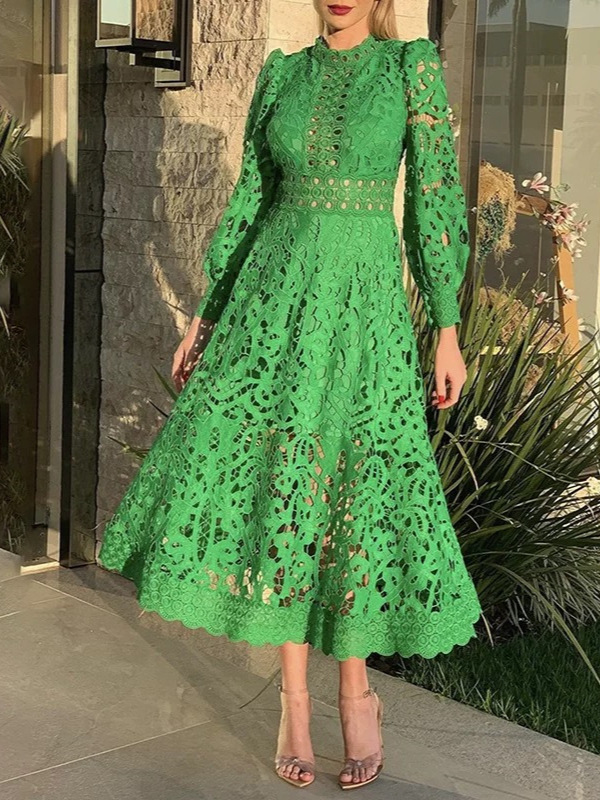 25 Spring and Summer Cross-border AliExpress Independent Station European and American Niche Elegant Temperament Solid Color Hollow Lace Dress