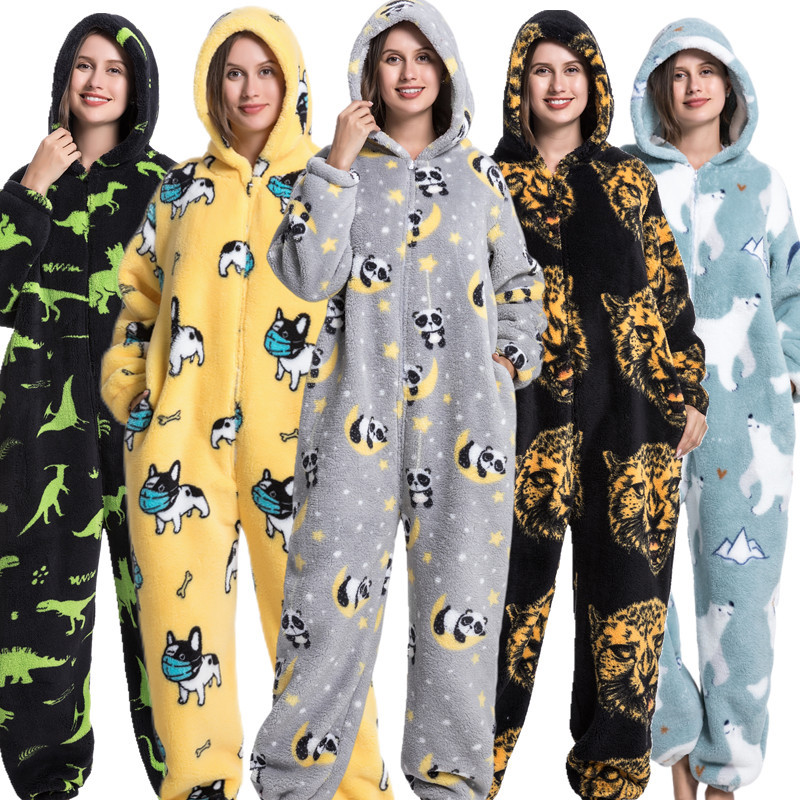 New Flannel Comfortable Velvet Cartoon One-Piece Pajamas Avocado Thickeneded Velvet Men and Women Couple Home Clothes