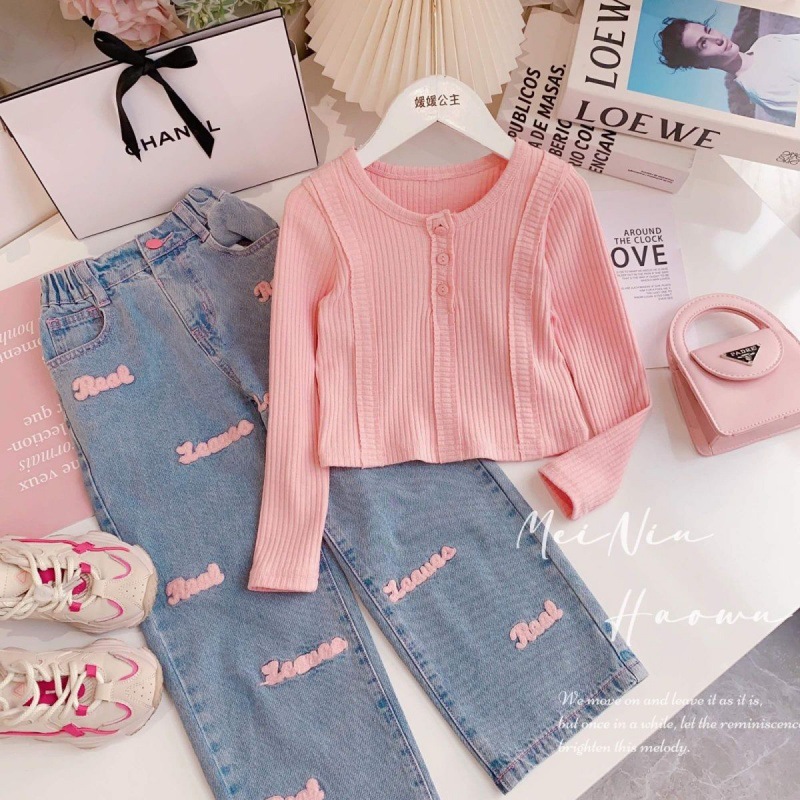 Girls' suit spring 2023 new Korean style western style girls' long sleeve round neck waist tight top jeans two-piece set