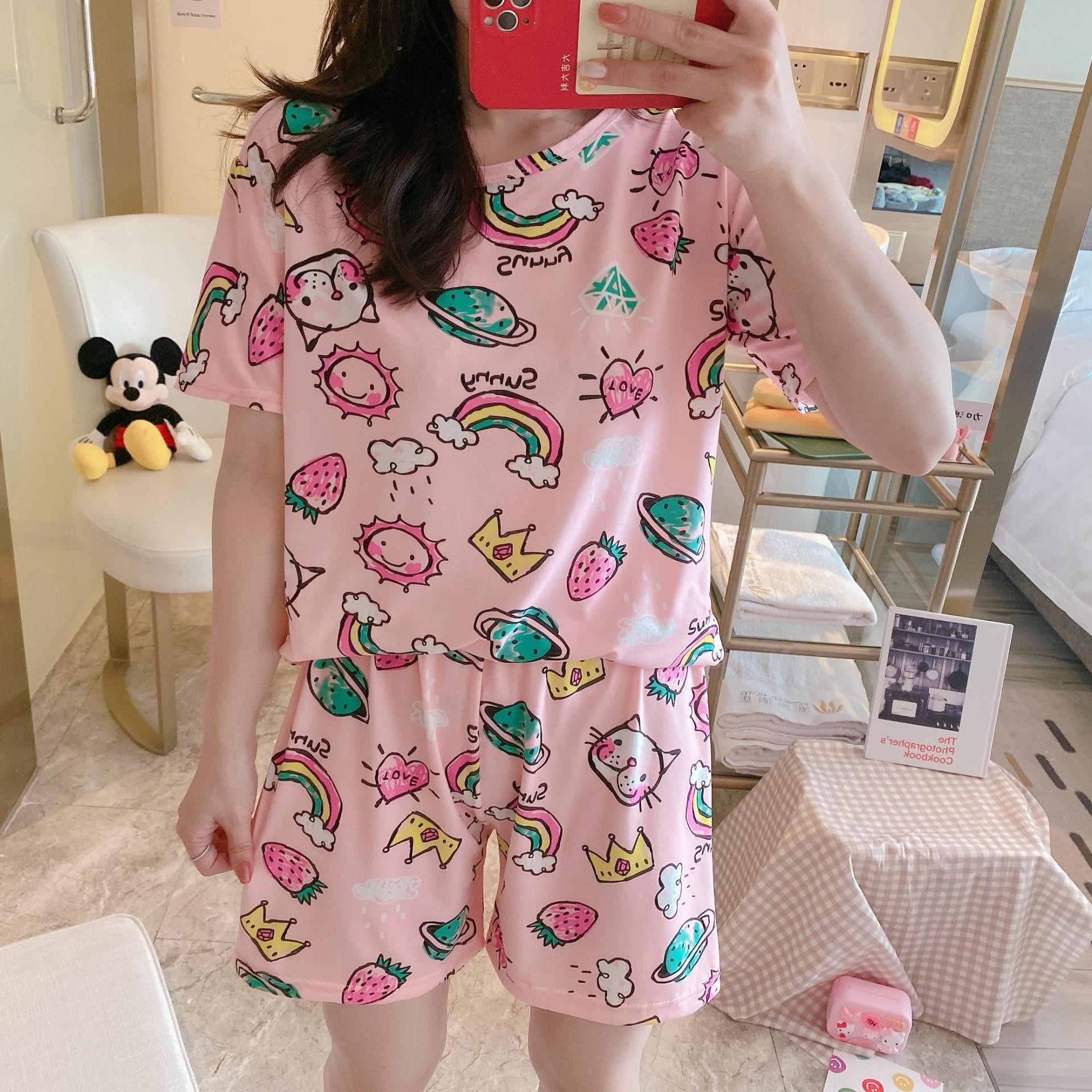 Cross-border wholesale thin pajamas women's summer sweet cute wind crew neck short sleeve shorts student dormitory home clothes suit