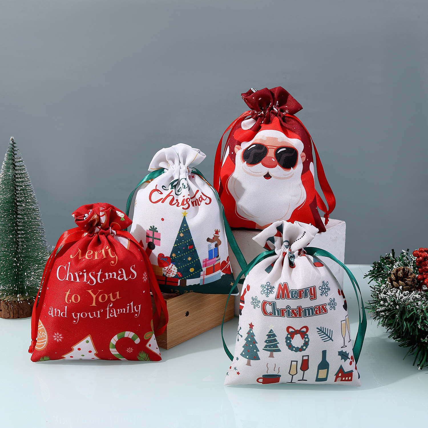 Cross-Border New Christmas Bag Full Polyester Digital Printed Polyester Cloth Christmas Bundle Flap Pocket Pants Candy Gift Packaging Bag Christmas