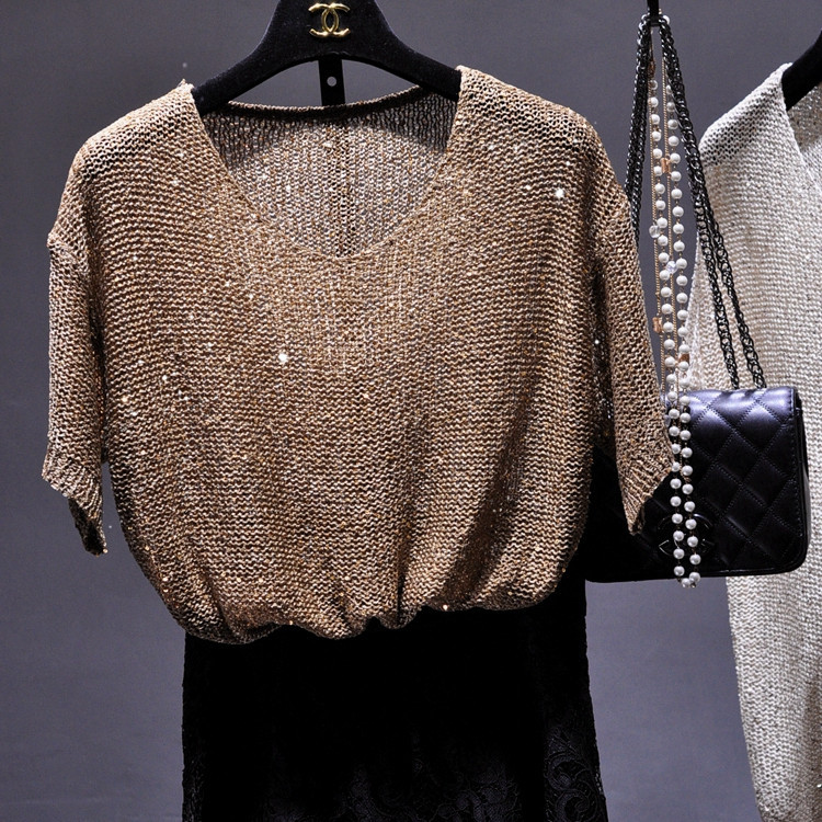 Han Eun's Thin Gold Silk Sequin Hollow Loose plus size Pullover Knitted Sunscreen Blouse V-Neck Short-Sleeved Top