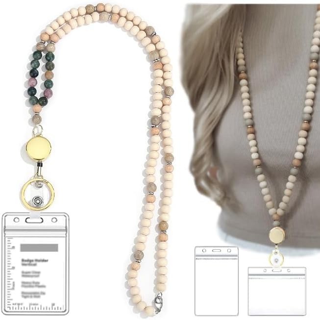New cross-border wood beads natural stone beaded necklace easy pull buckle work card lanyard necklace distribution transparent card set