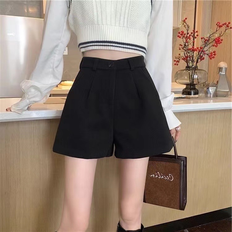 Women's black woolen shorts women's autumn and winter outerwear bottoming boots pants fashion high waist loose casual a-line pants wide legs
