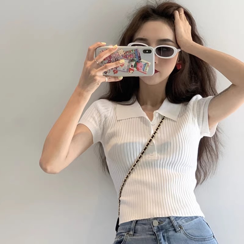 2024 Summer online celebrity Korean style retro small lapel short-sleeved knitted T-shirt women's slim slimming short top ins