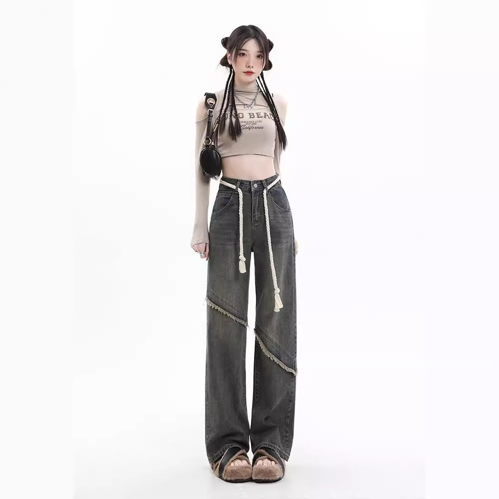American Style Retro Stitching High Waist Jeans Women's 2024 Spring and Autumn New Loose Straight Tube Wide Leg Pants