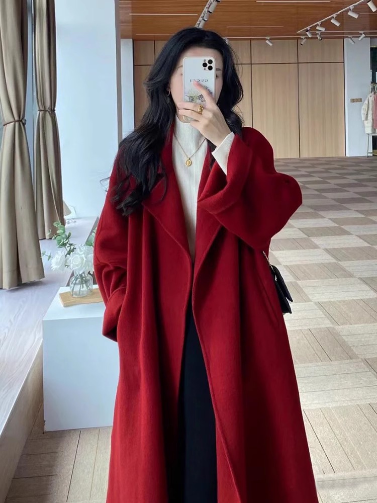 Red Woolen Outwear Women's Woolen Outwear Autumn and Winter High-End Small Korean Style Loose 2025 New Mid-Length Style