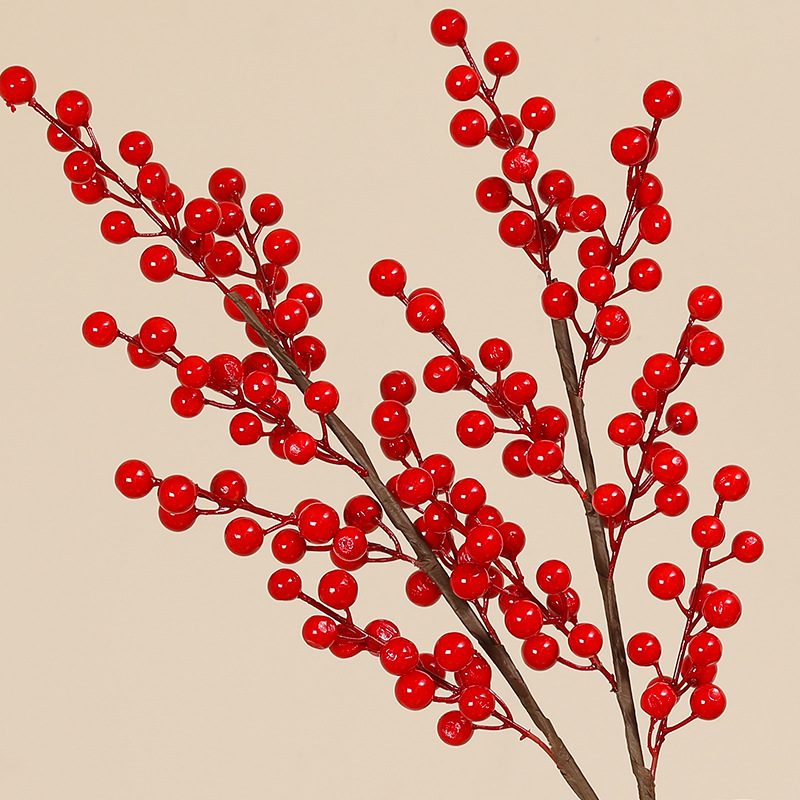 Picture of Red Fruit Branch Artificial Flower Holly Fruit Artificial Flower Red Berry Living Room Housewarming New Year Decoration Spring Festival Blessing Bucket Flower Arrangement Accessories