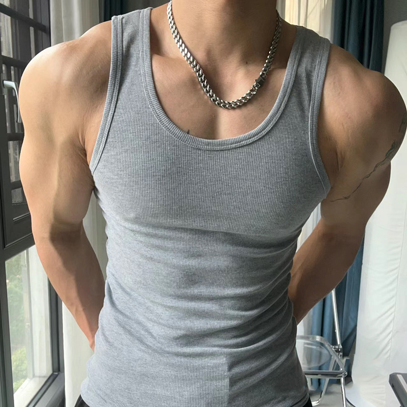 Summer New American Style Thick Thread Elastic Round Neck Vest Fitness Running Sports Leisure Slim Solid Color Men's Trendy