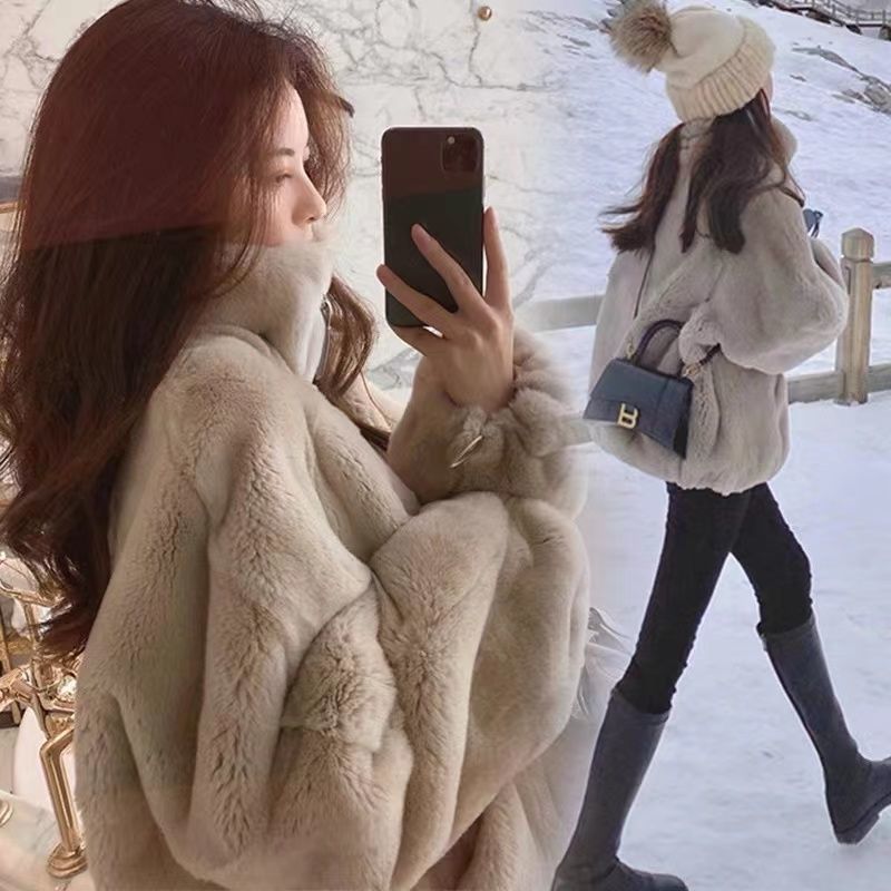 Korean Style Imitation Fur Jacket Women's Autumn and Winter Loose Imitation Rex Rabbit Fur fleece-lined Thickened Vertical Collar Zipper Sweatshirt Plush All-match