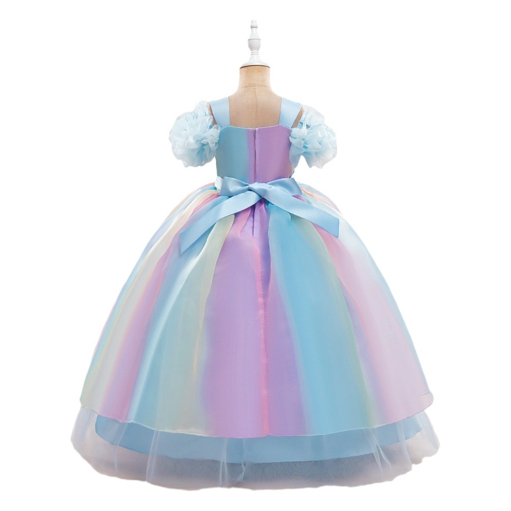 European and American Amazon New Girls' Dress Shoulder-exposed Colorful Gradient Sweet Rainbow Princess Dress Flower Girl Wedding Dress