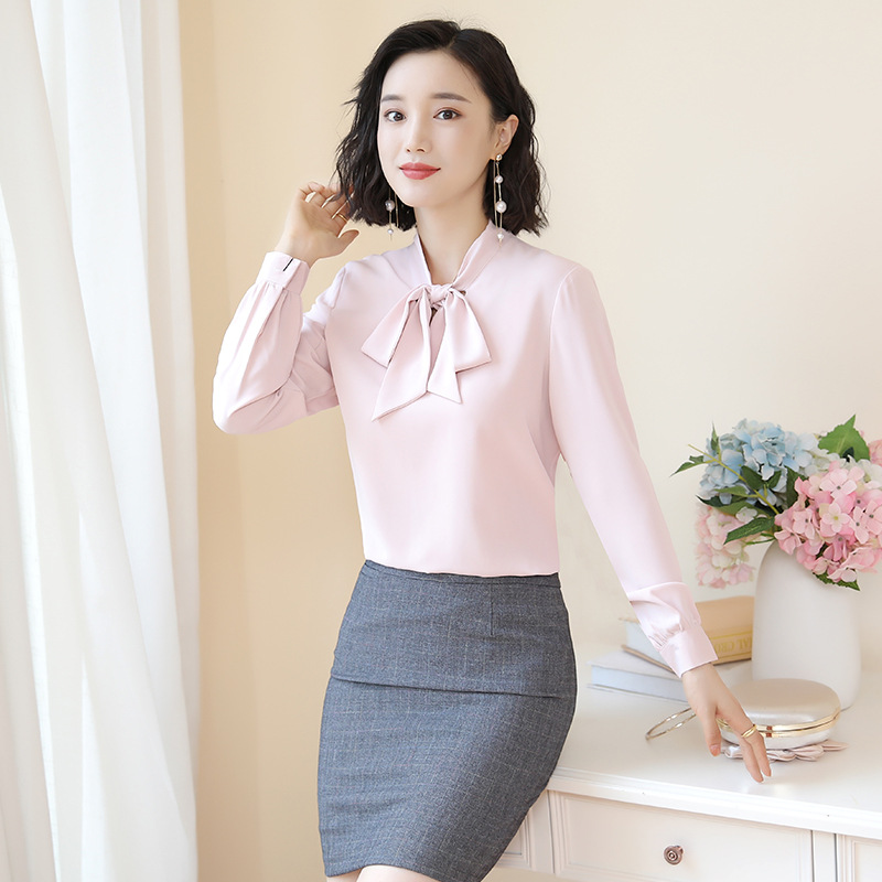 Pink Long-sleeved Shirt Women's Autumn Design Bow Chiffon Top High-end Fashion Western Style Silk Shirt