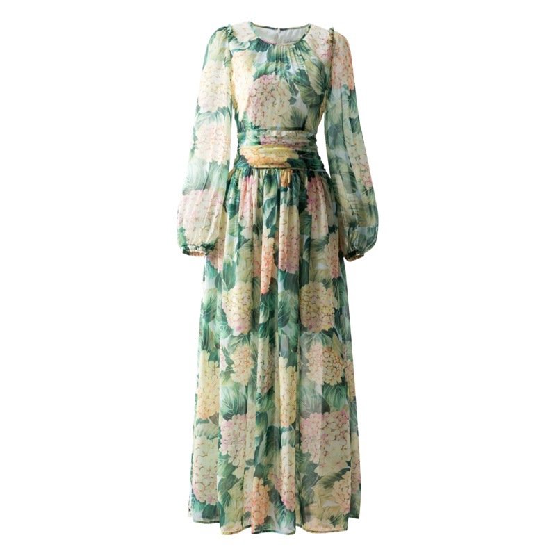 Spring and Summer Hot Cross-border Women's Clothing Beautiful Hydrangea Snow Spinning Printed Long Dress Green Round Neck Quality Dress