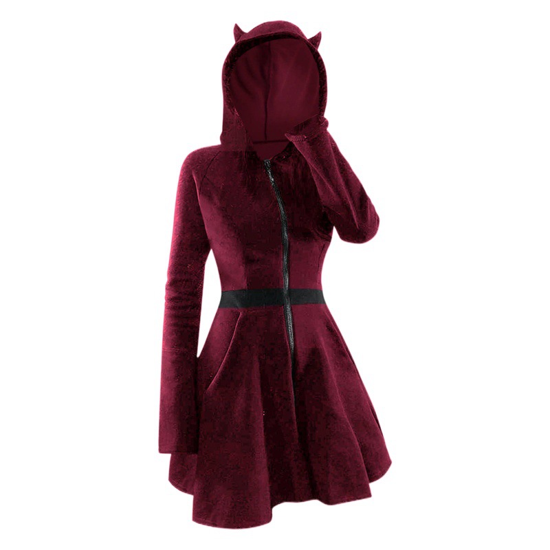 European and American Stitching Women's Gothic-style Hooded Long-sleeved Golden Velvet Cat Ear Slim-fit dress Dress plus size Women's Dress