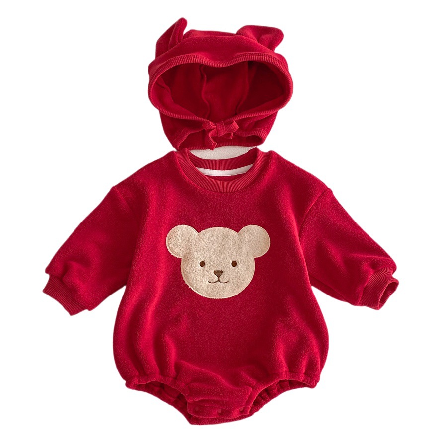 Baby autumn and winter jumpsuit baby double-sided velvet bag fart romper newborn thickened cartoon bear outing clothes