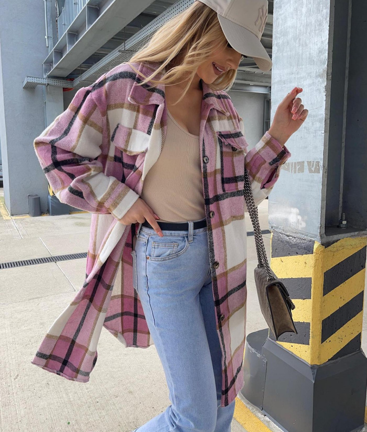 Picture of Cross-border Fashion Plaid Shirt 2021 Autum New Aliexpress Elegant Long Outwear Cardigan Lapel Shirt for Women
