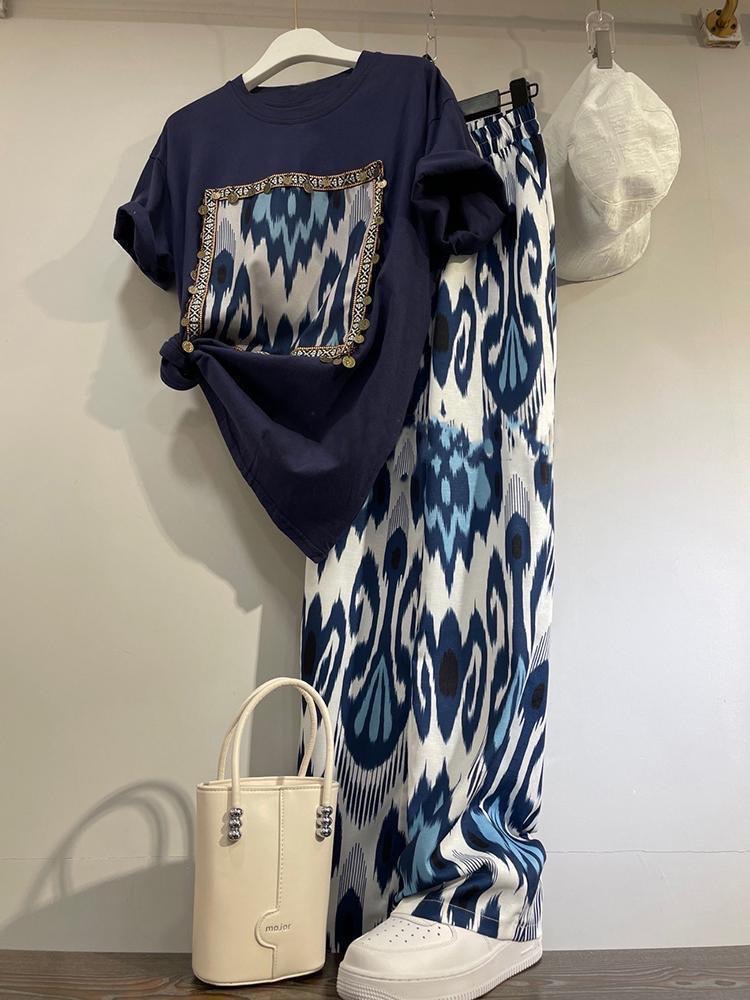 New Wide Leg Pants High Waist Draped Trousers Vintage Printed Short-Sleeved T-Shirt Women's Summer Casual Fashion Two-Piece Set