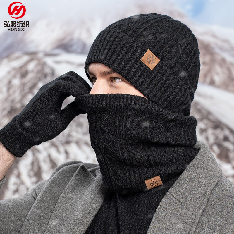 Cross-border special winter knitted gloves hat scarf three-piece touch screen fleece-lined warm wool hat three-piece set
