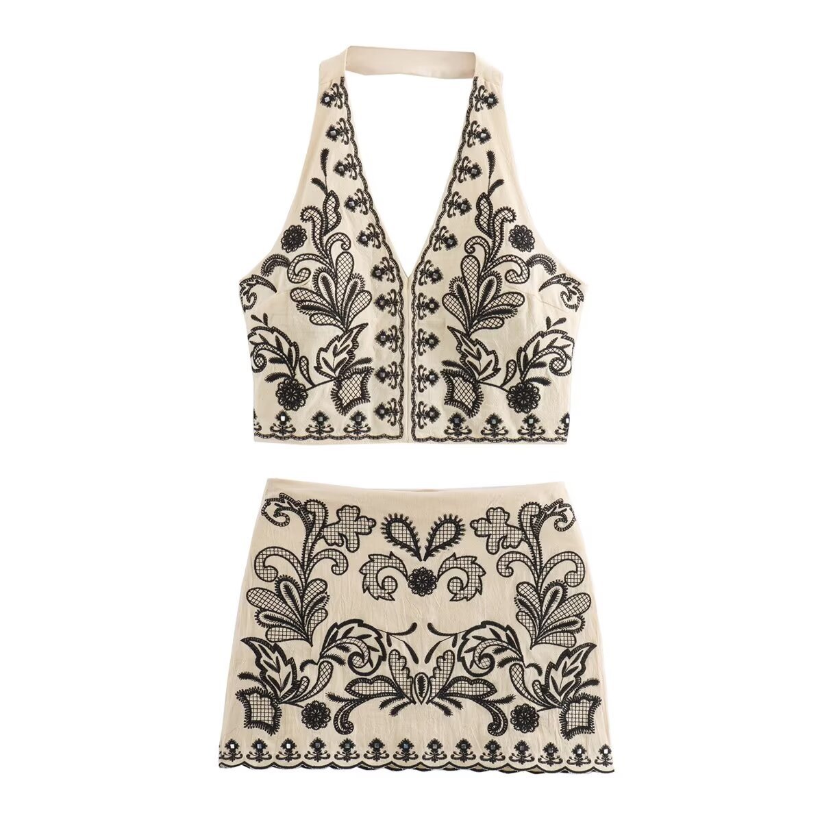 Picture of Europe and the United States cross-border new 2024 foreign trade women's wholesale ZRA embroidery hanging neck collar short jacket overskirt suit