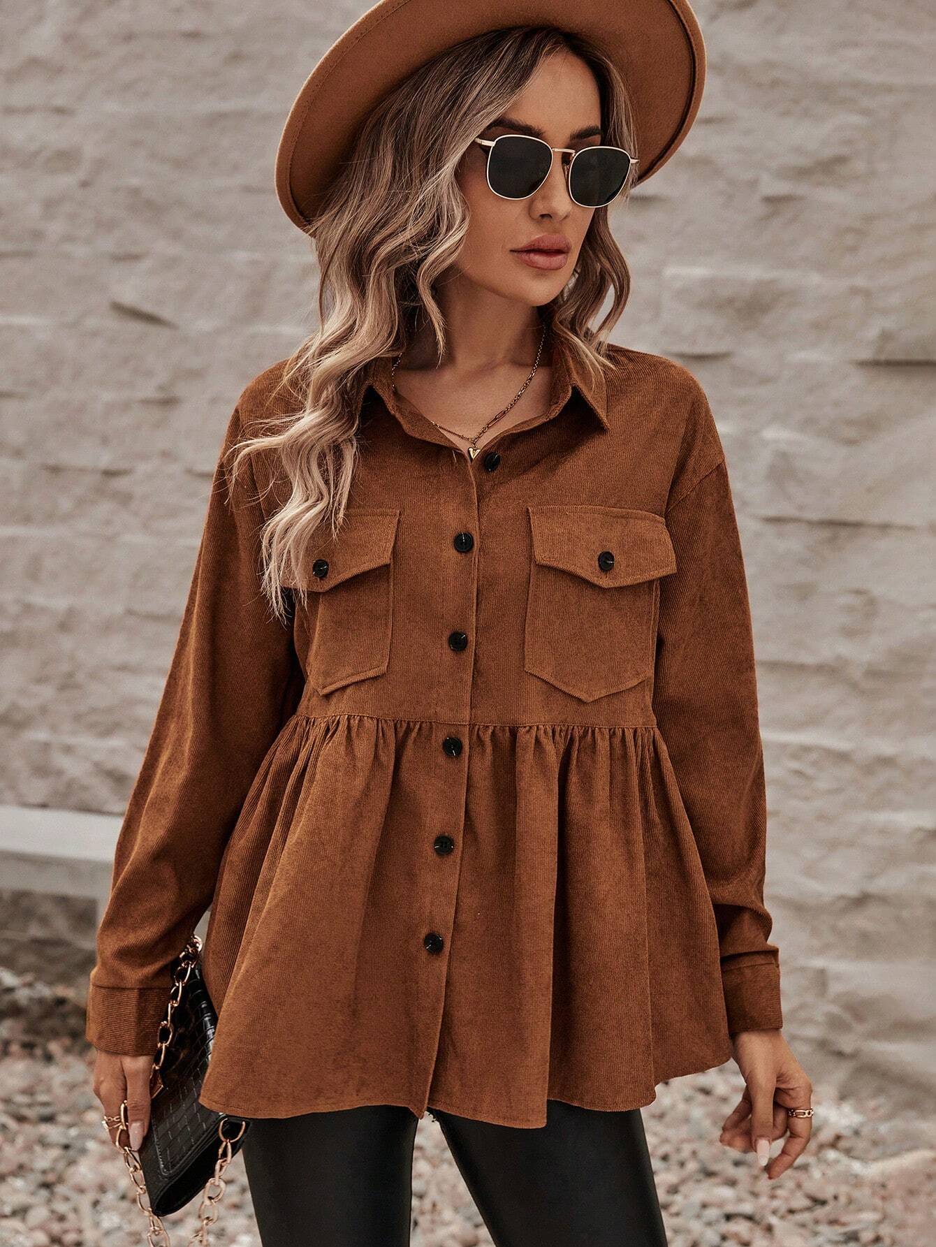 2024 International Station Cross-Border Women's Clothing Versatile Commuter Long-Sleeved Shirt Autumn and Winter Brown Retro Style Loose Cardigan Top