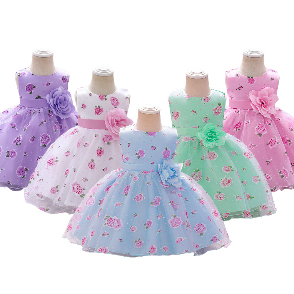 Picture of European and American style printed dress children's flower princess dress flower girl's wedding dress girl's baby one-year-old dress