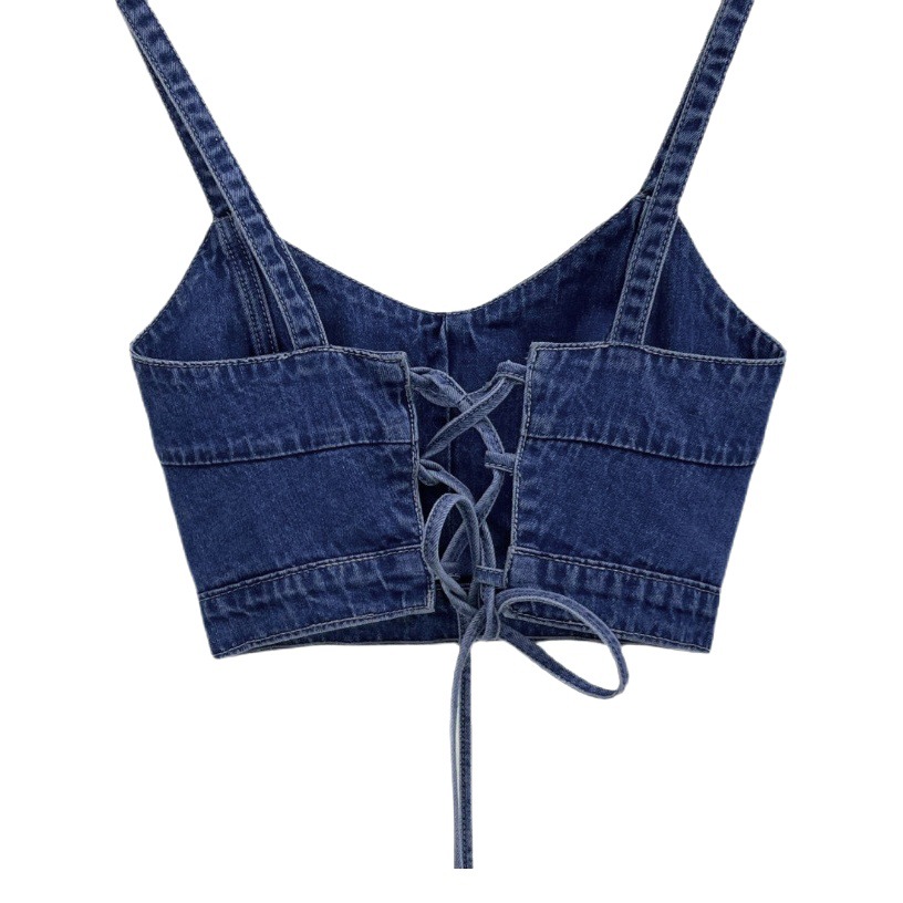 Design Sense Back Strap Hollow Out New Summer Dress Slim-fit Short Cropped Top Retro Denim Camisole Vest for Women