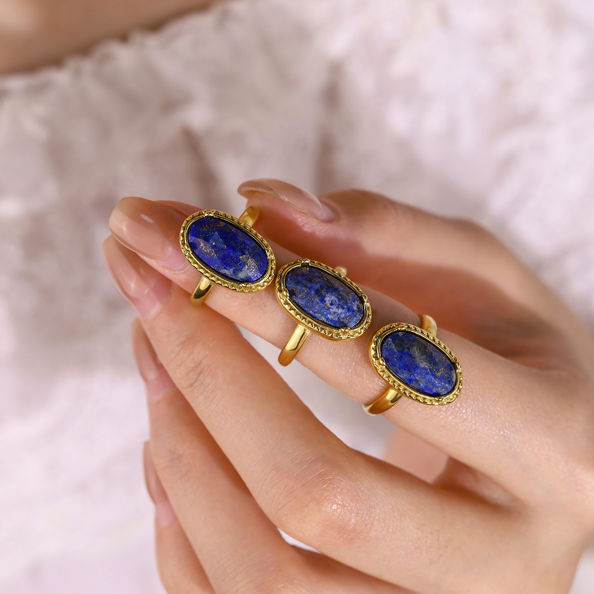 European and American titanium steel natural stone ring oval lapis lazuli opening adjustable ring niche high-grade ring wholesale