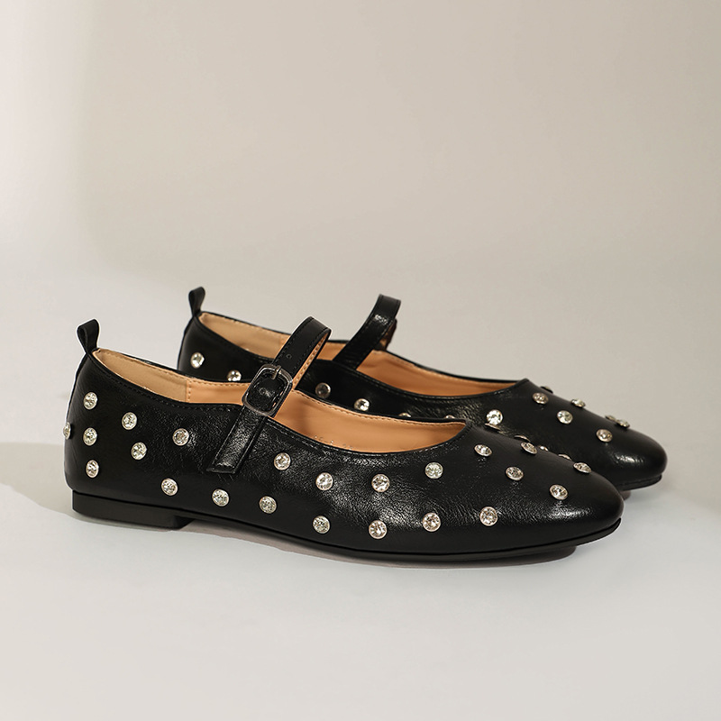 Flat Mary Jane Shoes Women's 2024 Spring and Summer New Square Toe Rivet Rhinestone Flat Leather Ballet Shoes