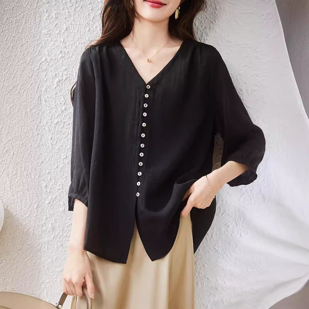 Real Shot in Stock: Spring/Summer New Style Ramie V-Neck Open-Front 7-Sleeve Puff Sleeve Lightweight Loose Slimming Blouse