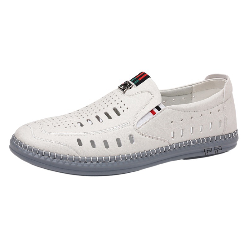 2025 new men's sandals leather business hollow perforated men's shoes soft bottom hole dad leather shoes white
