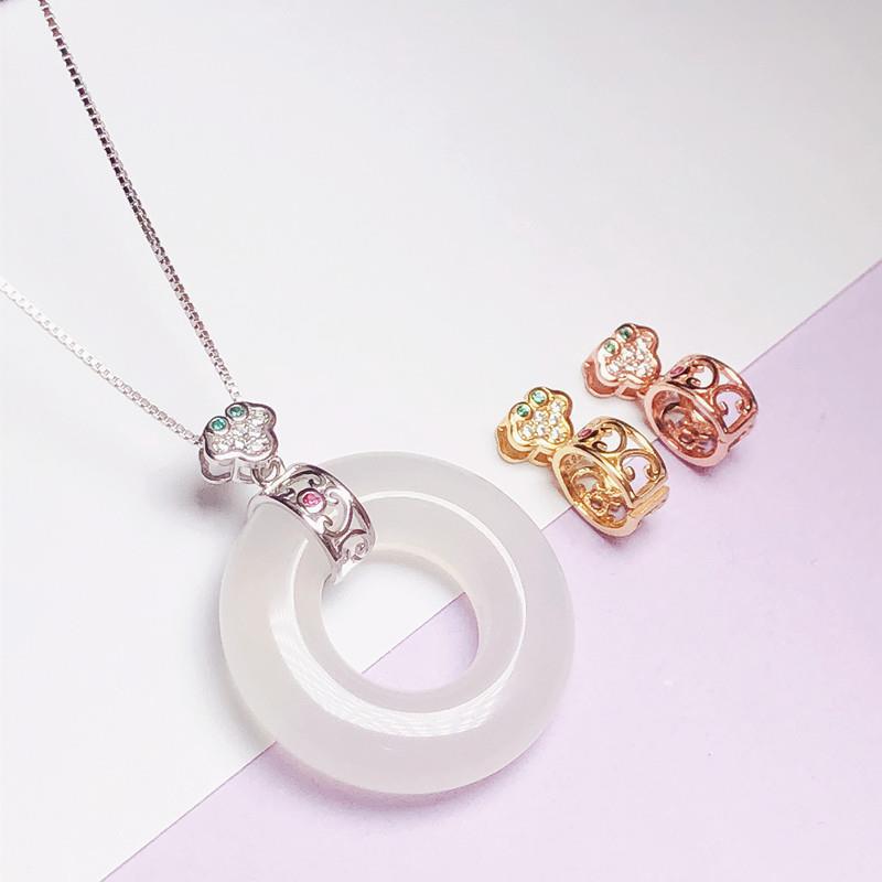 Picture of S925 Sterling Silver Pendant Buckle Ring Princess Buckle Golden Emerald Crystal Jade Peace Ring Clip