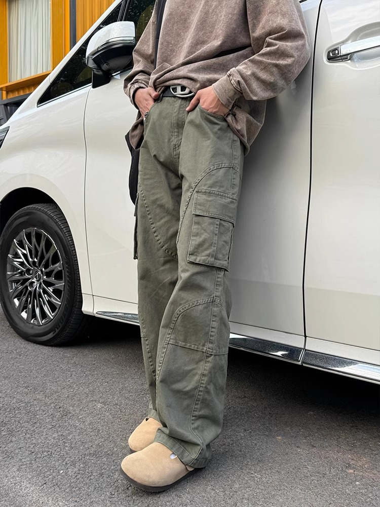 Japanese Style Multi-Pocket Crane Pants Women's Autumn American Style High Street Vibe Style Pants Straight Leg Pants
