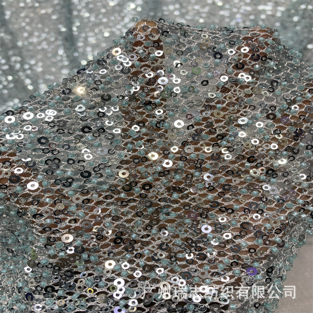 European and American encryption heavy industry bead tube sequin mesh fabric fashion wedding dress stage performance wear lace fabric Lace